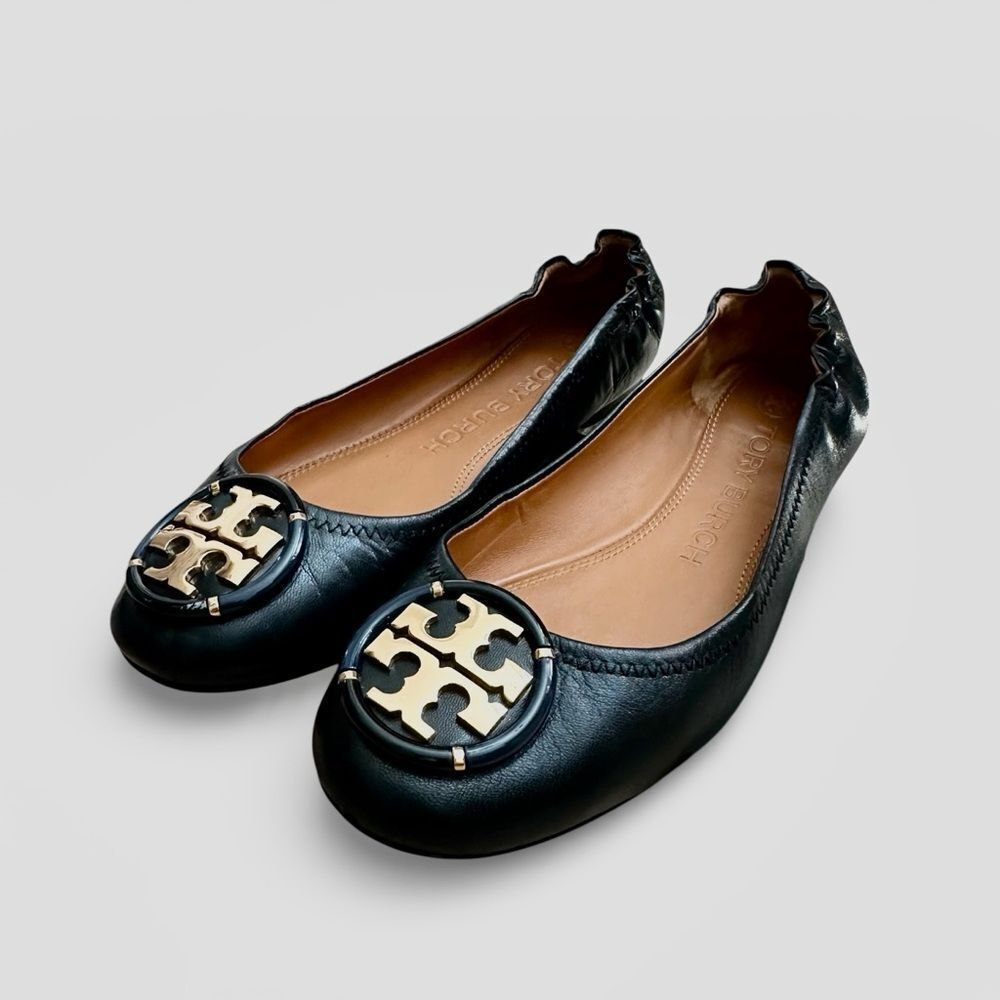 Tory Burch Multi-Logo Ballet Flat Black Leather Size 6.5